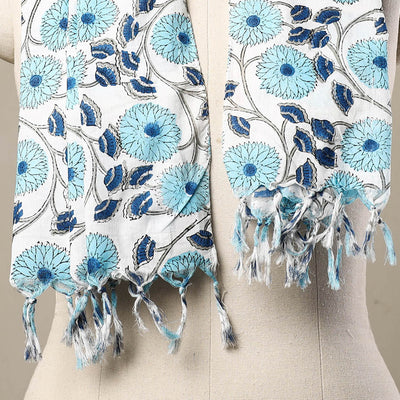 Blue - Block Print Cotton Sanganeri Stole with Tassels 177