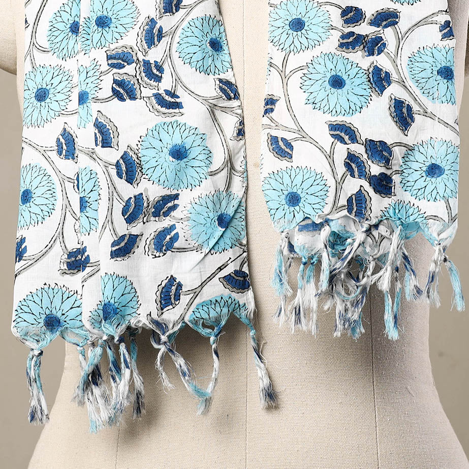 Blue - Block Print Cotton Sanganeri Stole with Tassels 177