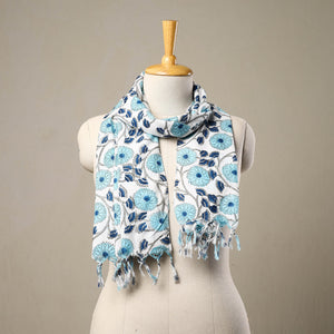 Blue - Block Print Cotton Sanganeri Stole with Tassels 177
