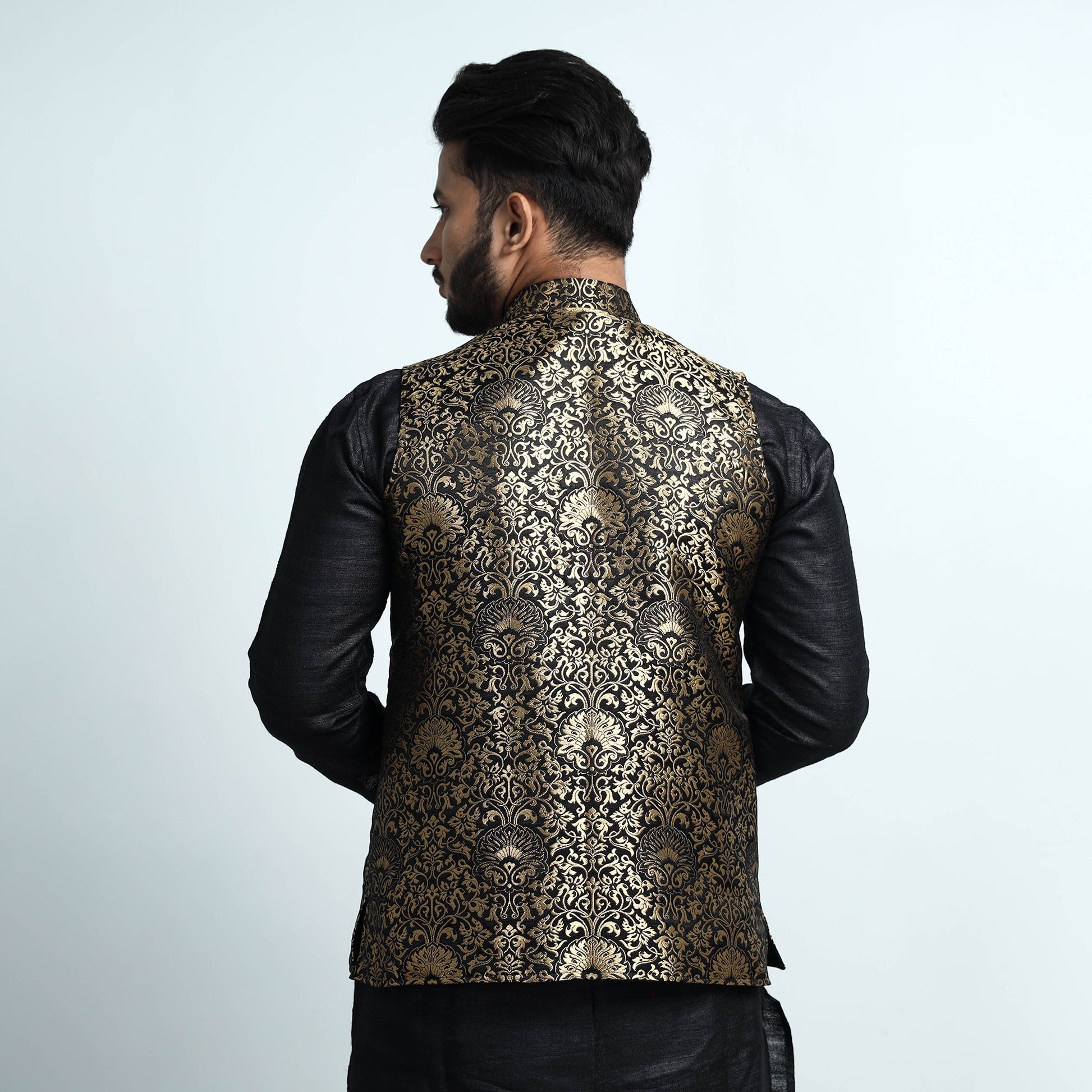 Black - Banarasi Brocade Silk Nehru Jacket