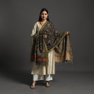 Black - Mangalagiri Cotton Handpainted Pen Work Kalamkari Dupatta 33