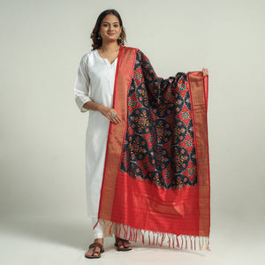 Black - Handspun Handwoven Pochampally Ikat Silk Dupatta with Zari Border
