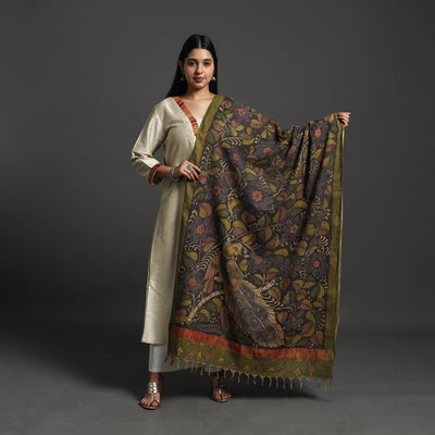 Black - Mangalagiri Cotton Handpainted Pen Work Kalamkari Dupatta 32