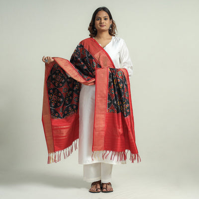 Black - Handspun Handwoven Pochampally Ikat Silk Dupatta with Zari Border
