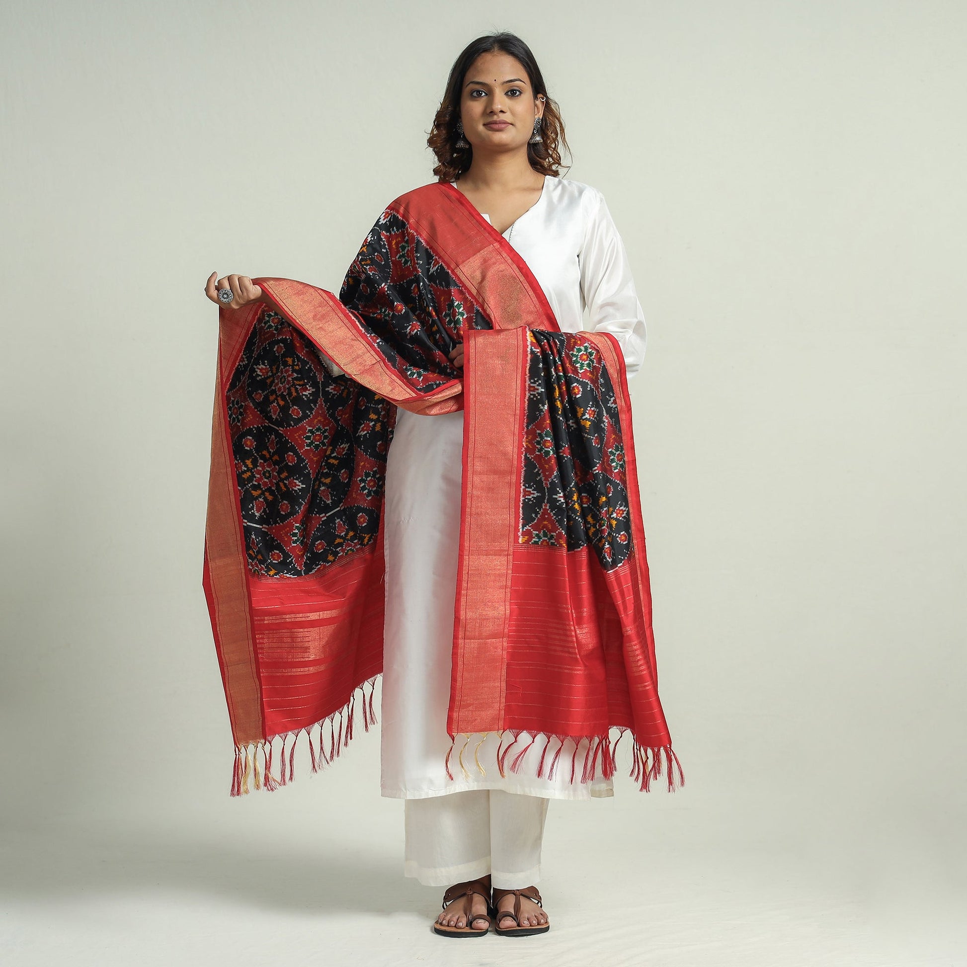 Black - Handspun Handwoven Pochampally Ikat Silk Dupatta with Zari Border