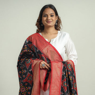 Black - Handspun Handwoven Pochampally Ikat Silk Dupatta with Zari Border