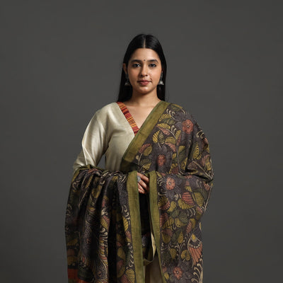 Black - Mangalagiri Cotton Handpainted Pen Work Kalamkari Dupatta 32
