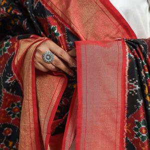 Black - Handspun Handwoven Pochampally Ikat Silk Dupatta with Zari Border