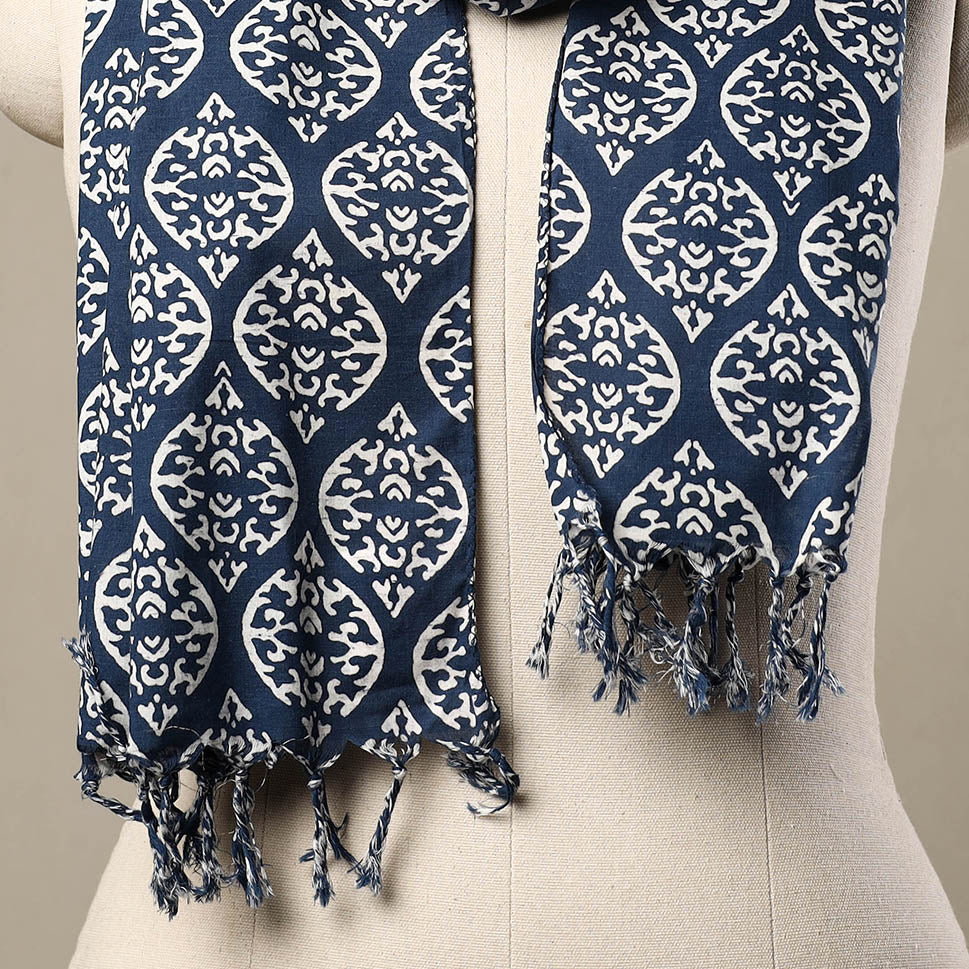 Blue - Block Print Cotton Sanganeri Stole with Tassels 183