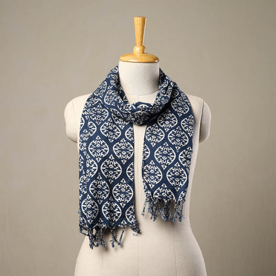 Blue - Block Print Cotton Sanganeri Stole with Tassels 183