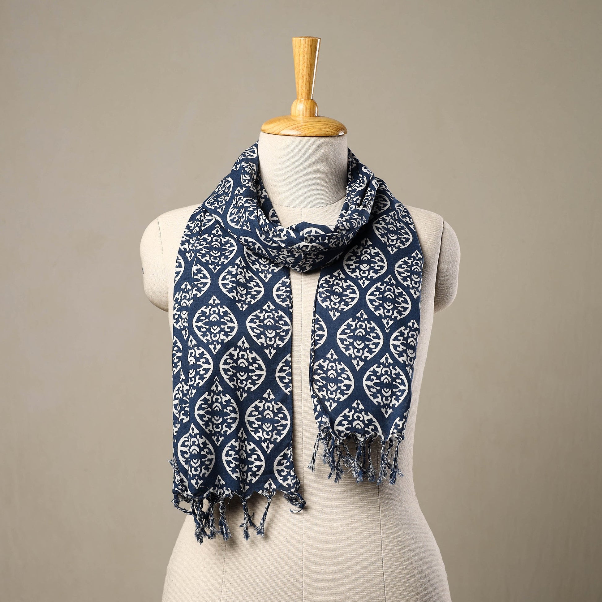Blue - Block Print Cotton Sanganeri Stole with Tassels 183
