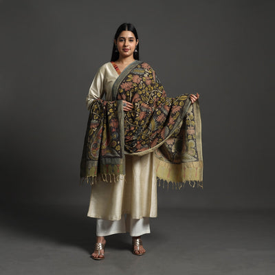 Black - Mangalagiri Cotton Handpainted Pen Work Kalamkari Dupatta 31