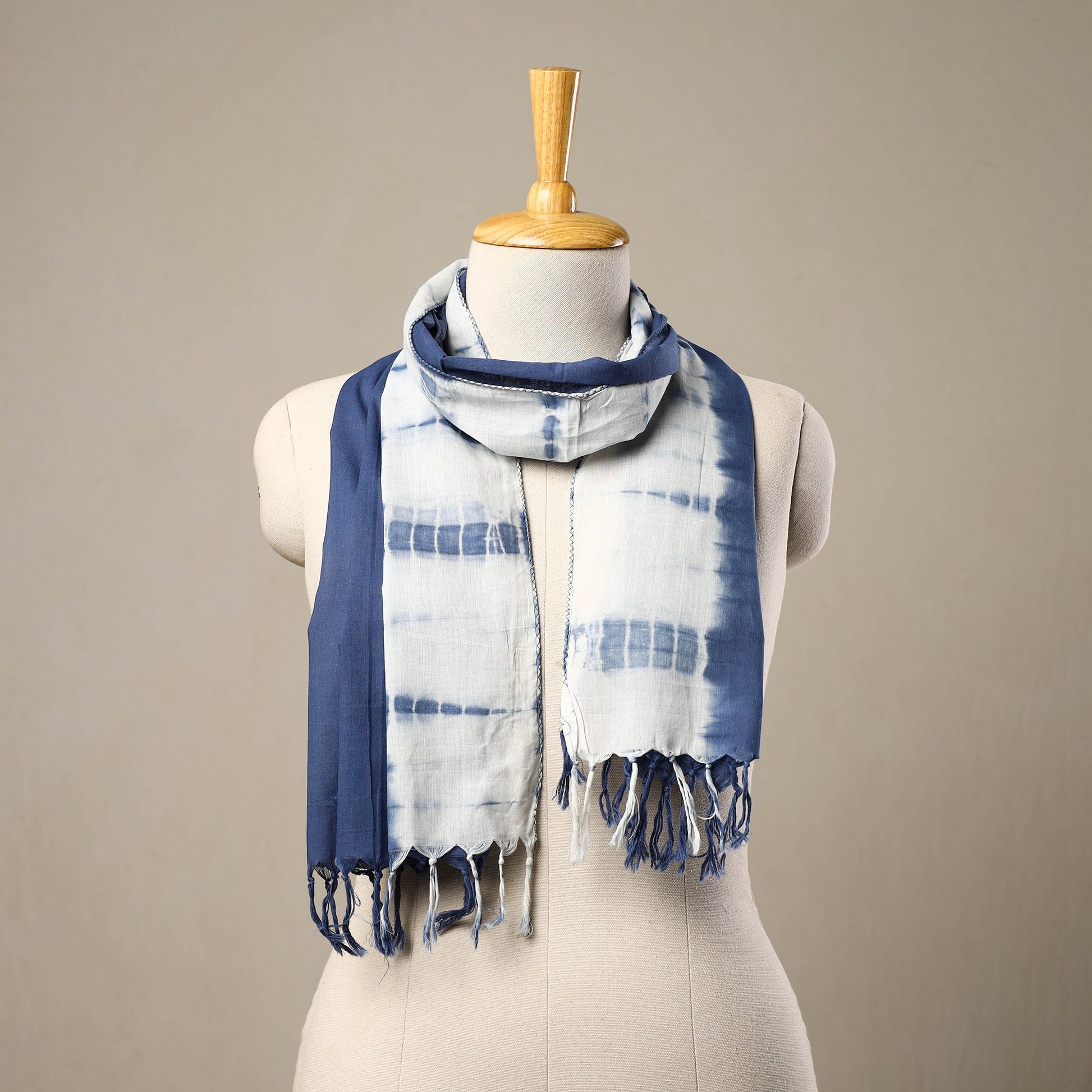 Blue - Cotton Tie-Dye Shibori Stole with Tassels 184