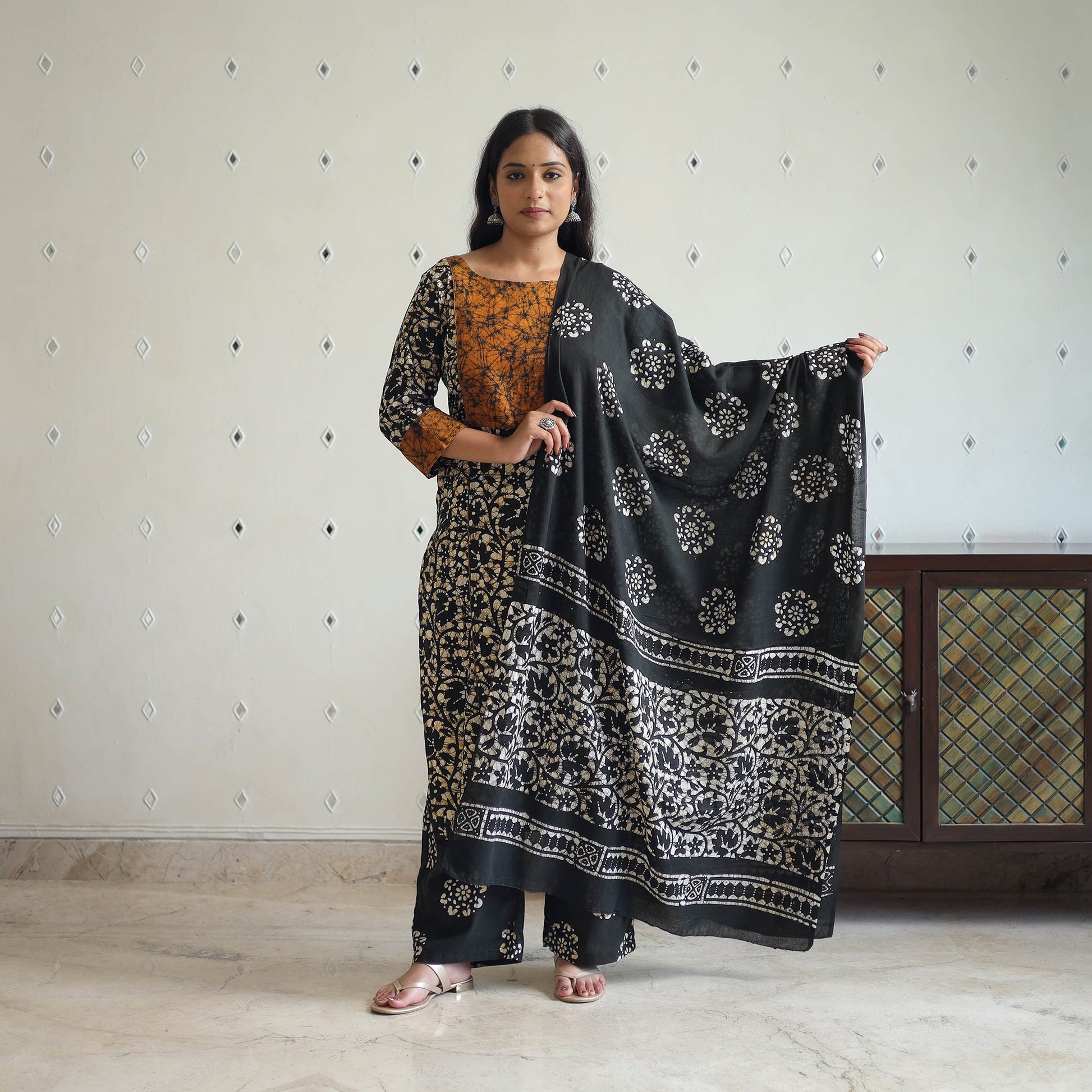 Black - Batik Print Cotton Kurta with Palazzo & Dupatta Suit Set 02