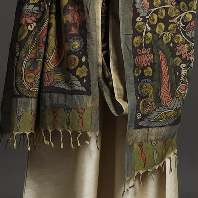Black - Mangalagiri Cotton Handpainted Pen Work Kalamkari Dupatta 31