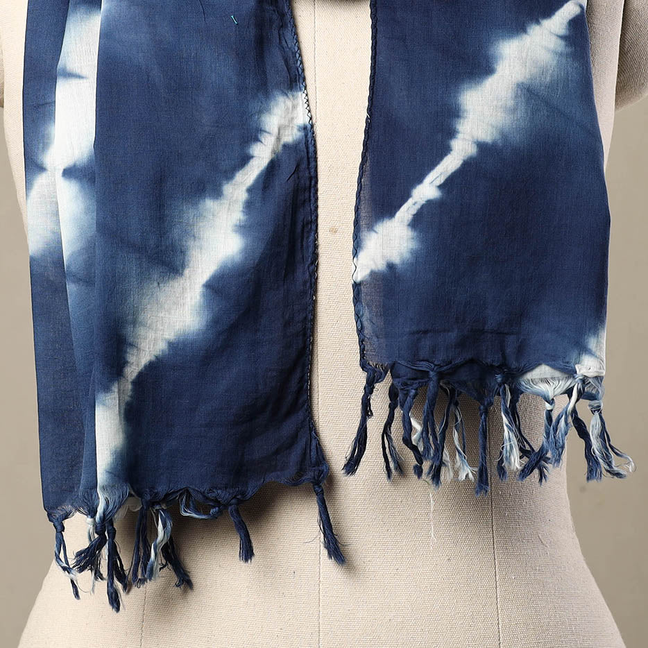 Blue - Cotton Tie-Dye Shibori Stole with Tassels 186