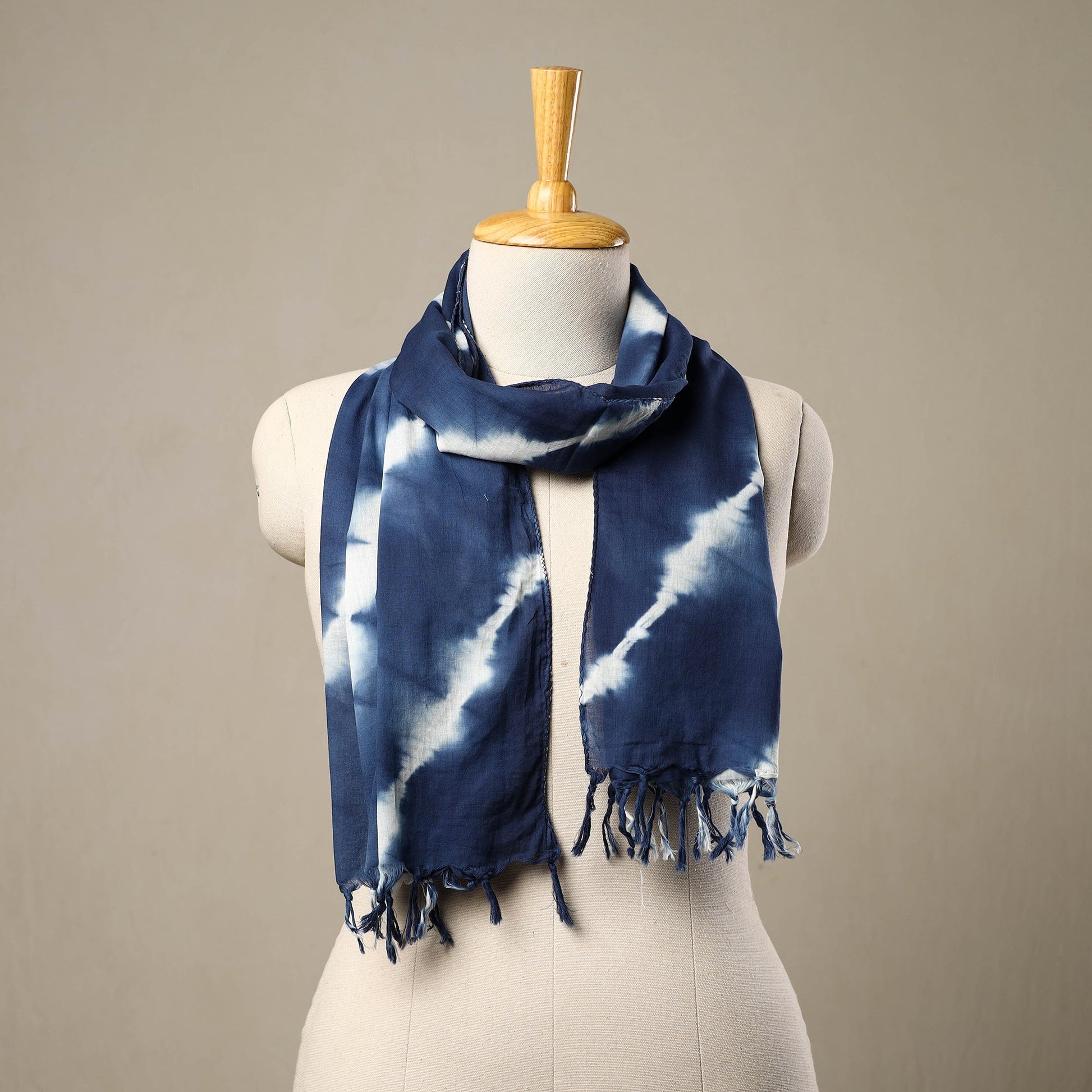 Blue - Cotton Tie-Dye Shibori Stole with Tassels 186