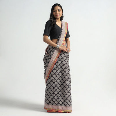 Black - Bagh Hand Block Printed Natural Dyed Cotton Saree with Zari Border
