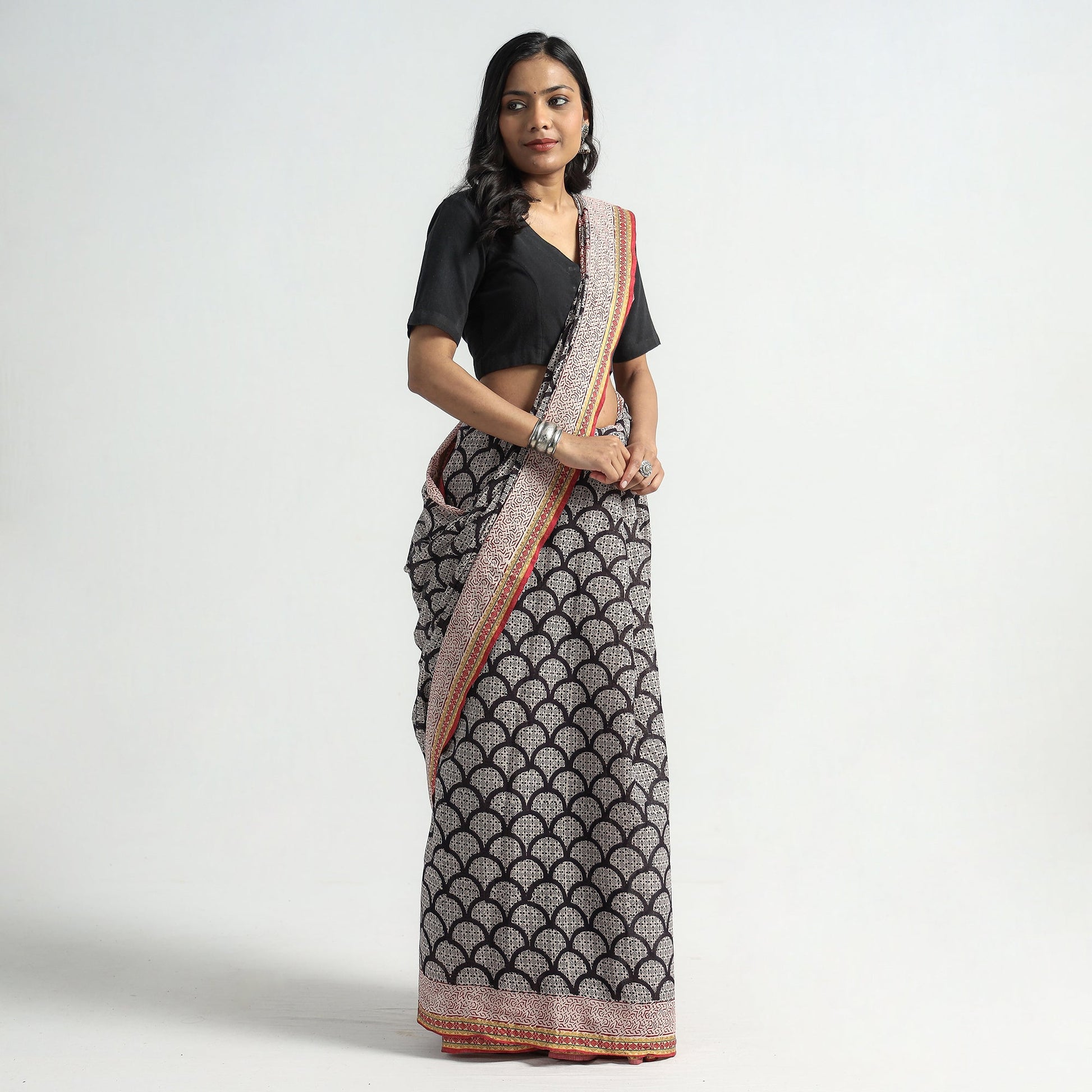 Black - Bagh Hand Block Printed Natural Dyed Cotton Saree with Zari Border