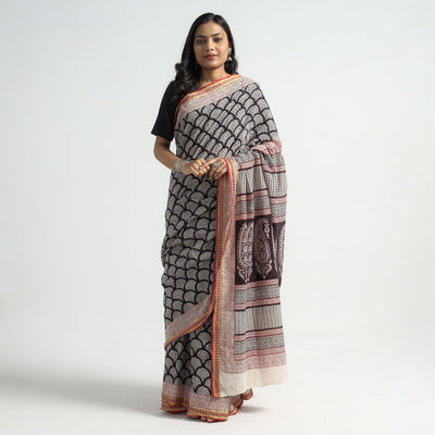 Black - Bagh Hand Block Printed Natural Dyed Cotton Saree with Zari Border