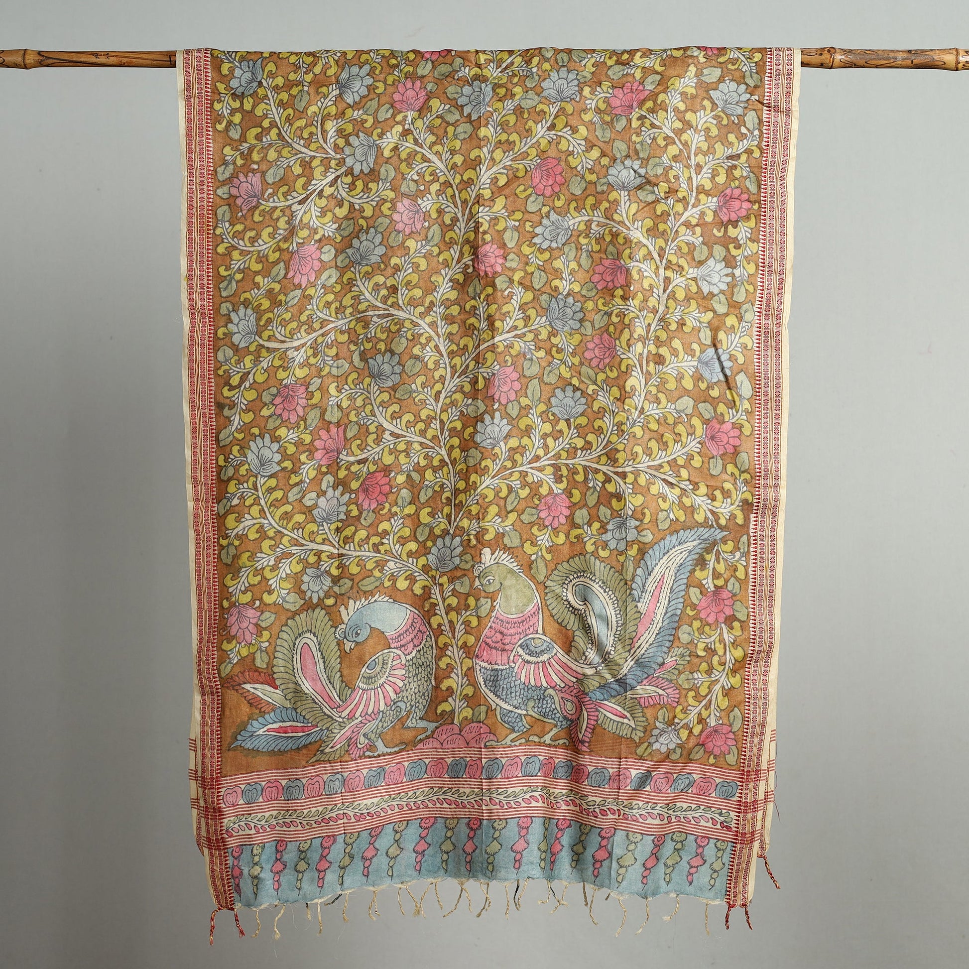 Brown - Pure Tussar Silk Pen Work Srikalahasti Kalamkari Dupatta with Dobby Border 125