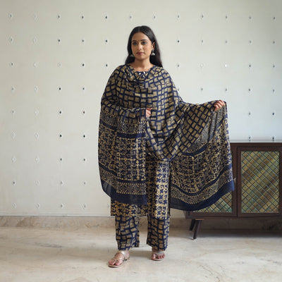 Blue - Batik Print Cotton Kurta with Palazzo & Dupatta Suit Set 03
