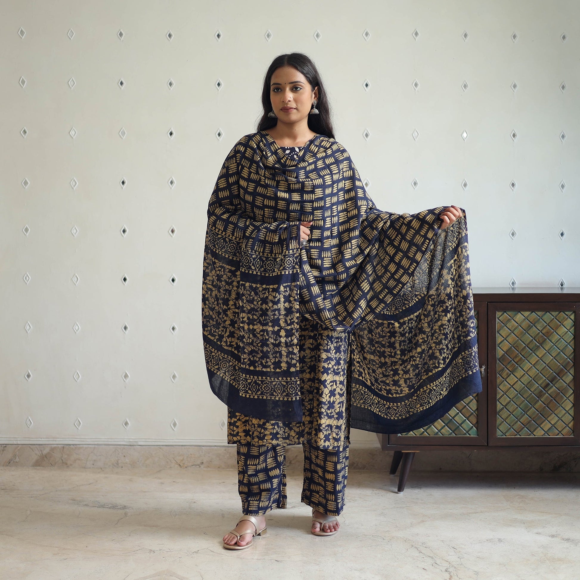 Blue - Batik Print Cotton Kurta with Palazzo & Dupatta Suit Set 03