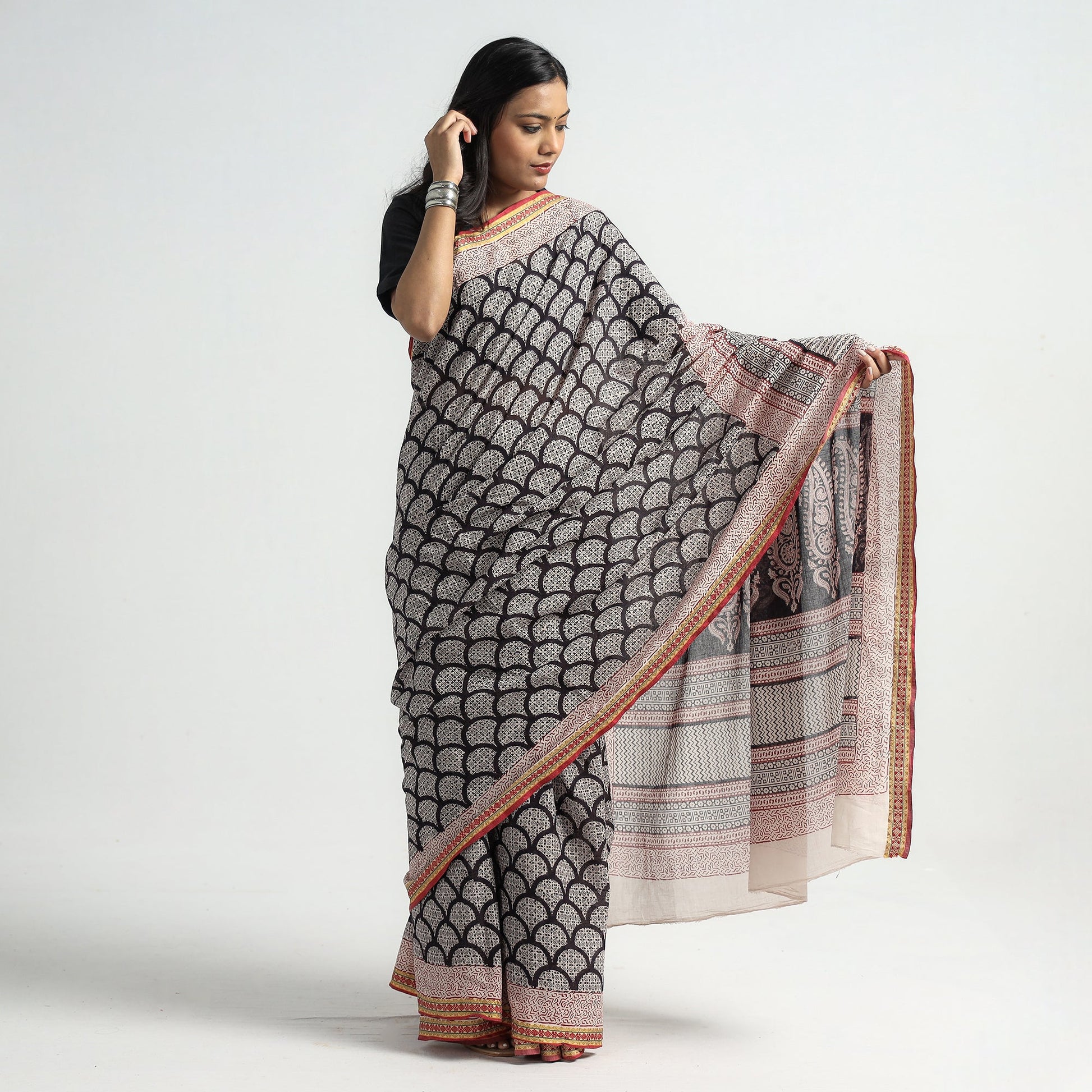 Black - Bagh Hand Block Printed Natural Dyed Cotton Saree with Zari Border