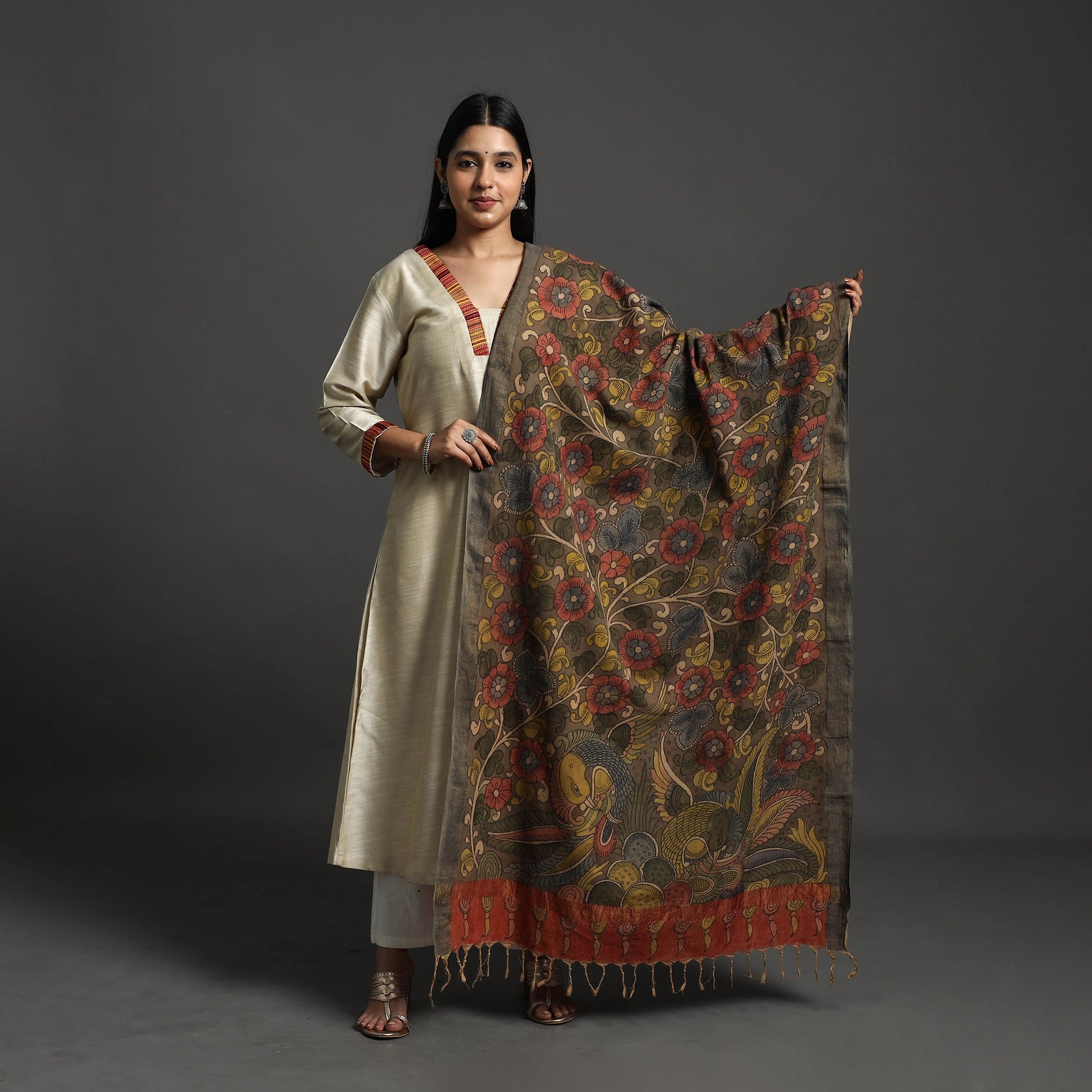 Brown - Mangalagiri Cotton Handpainted Pen Work Kalamkari Dupatta 29