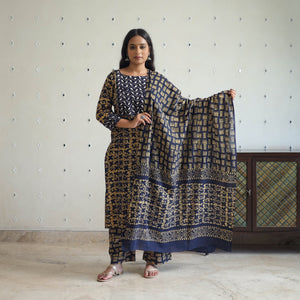 Blue - Batik Print Cotton Kurta with Palazzo & Dupatta Suit Set 03