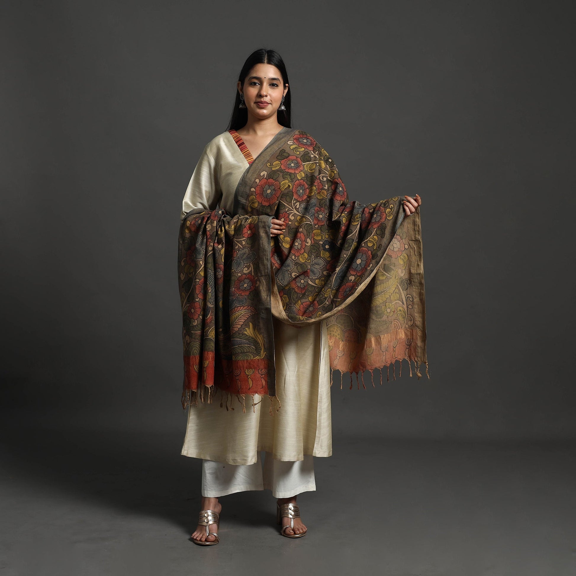 Brown - Mangalagiri Cotton Handpainted Pen Work Kalamkari Dupatta 29