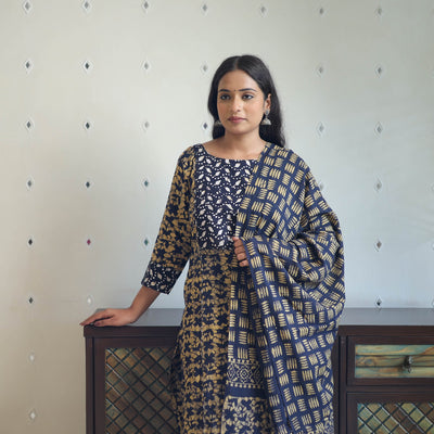 Blue - Batik Print Cotton Kurta with Palazzo & Dupatta Suit Set 03