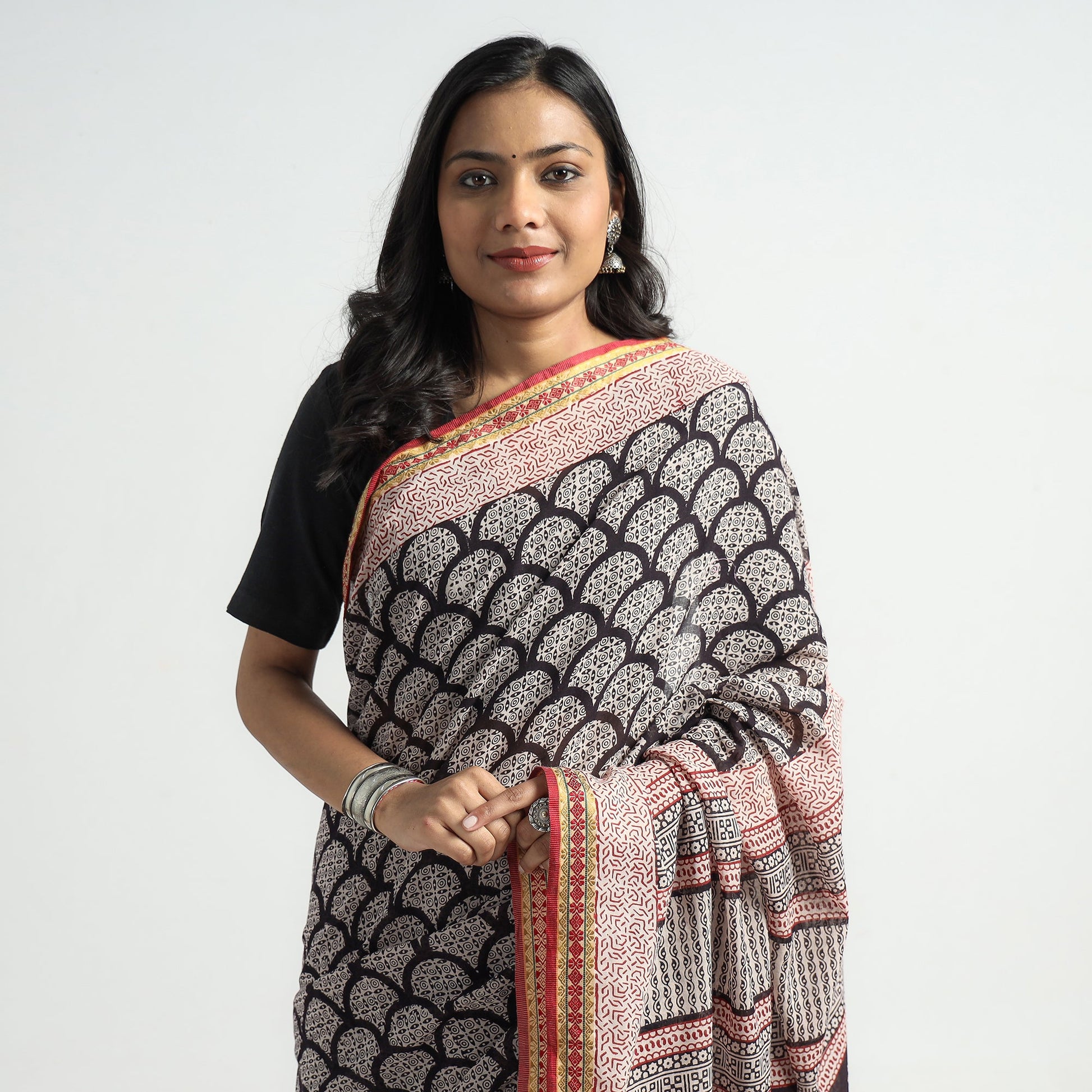 Black - Bagh Hand Block Printed Natural Dyed Cotton Saree with Zari Border