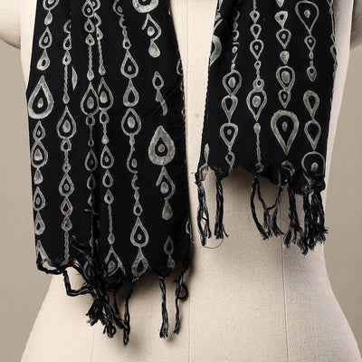 Black - Block Print Cotton Sanganeri Stole with Tassels 192