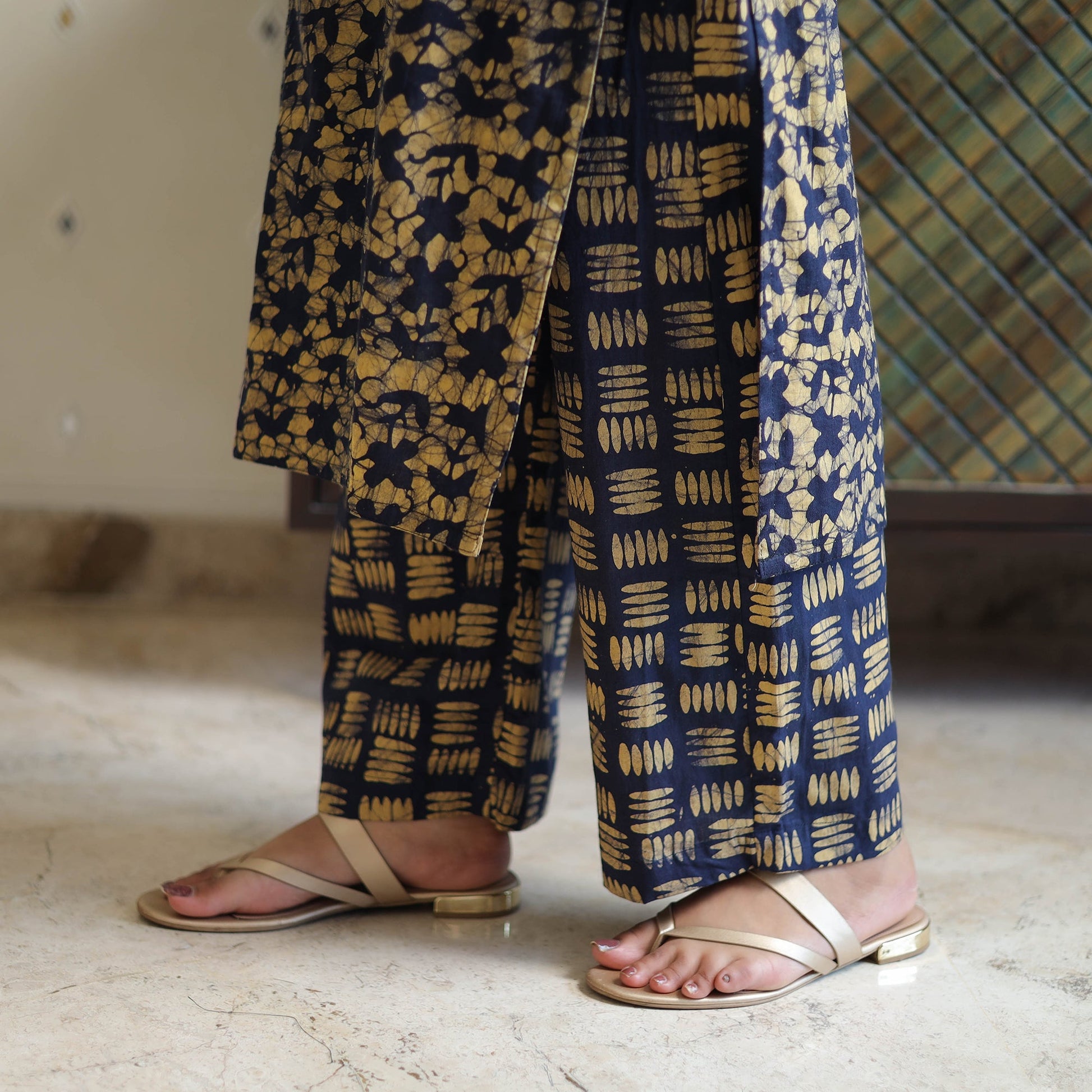 Blue - Batik Print Cotton Kurta with Palazzo & Dupatta Suit Set 03