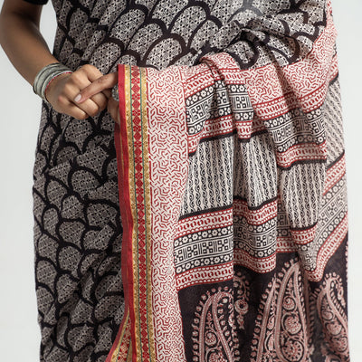 Black - Bagh Hand Block Printed Natural Dyed Cotton Saree with Zari Border