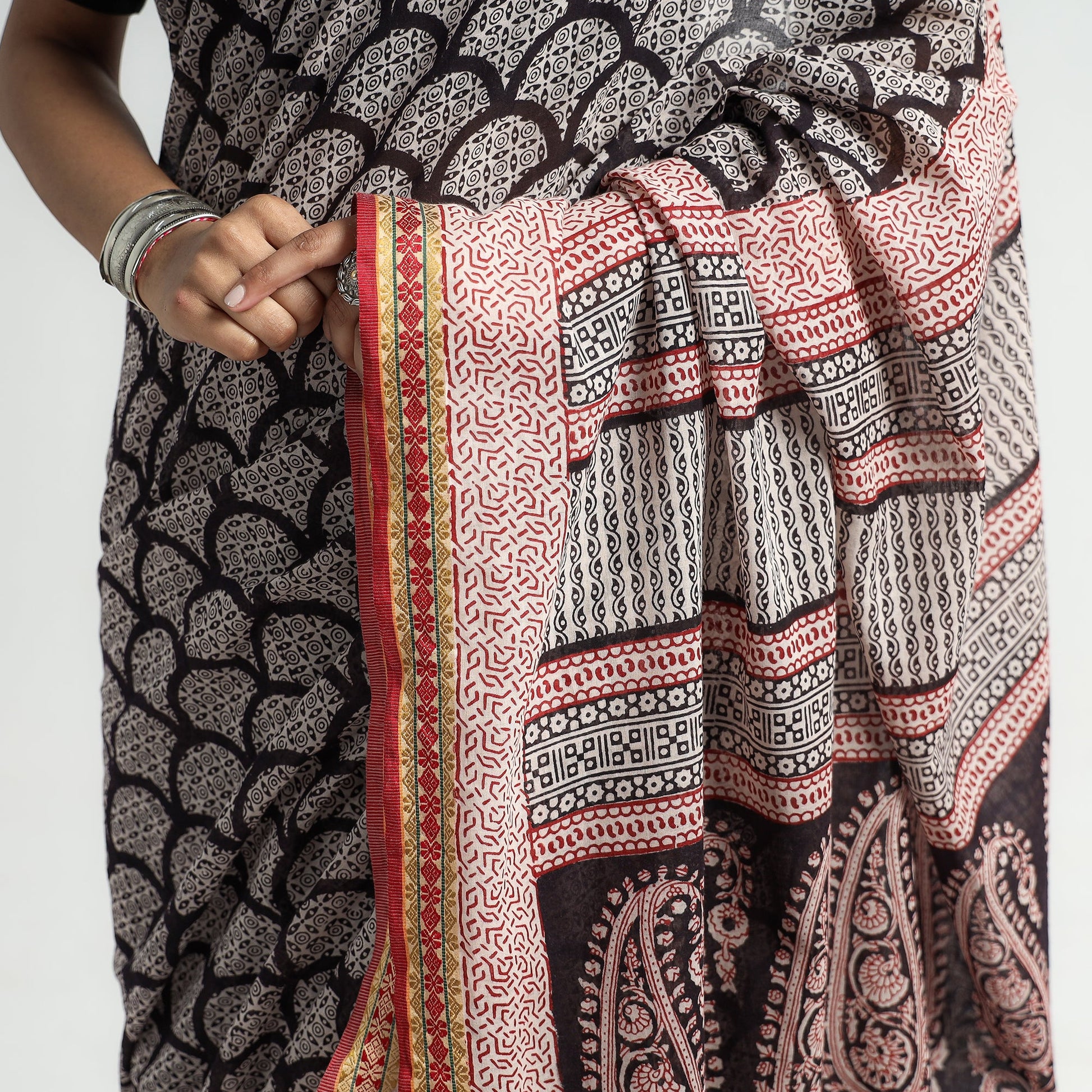 Black - Bagh Hand Block Printed Natural Dyed Cotton Saree with Zari Border