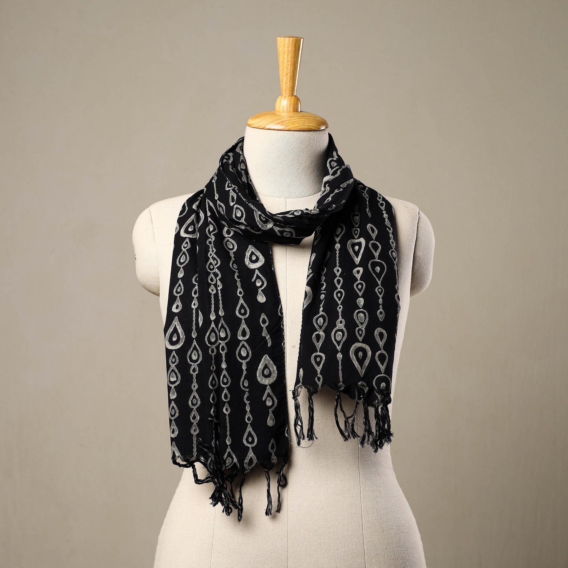 Black - Block Print Cotton Sanganeri Stole with Tassels 192