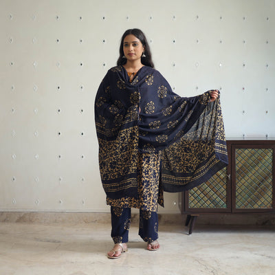 Blue - Batik Print Cotton Kurta with Palazzo & Dupatta Suit Set 07