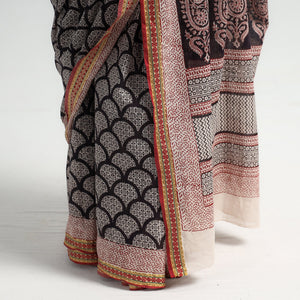 Black - Bagh Hand Block Printed Natural Dyed Cotton Saree with Zari Border