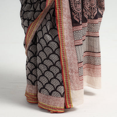 Black - Bagh Hand Block Printed Natural Dyed Cotton Saree with Zari Border