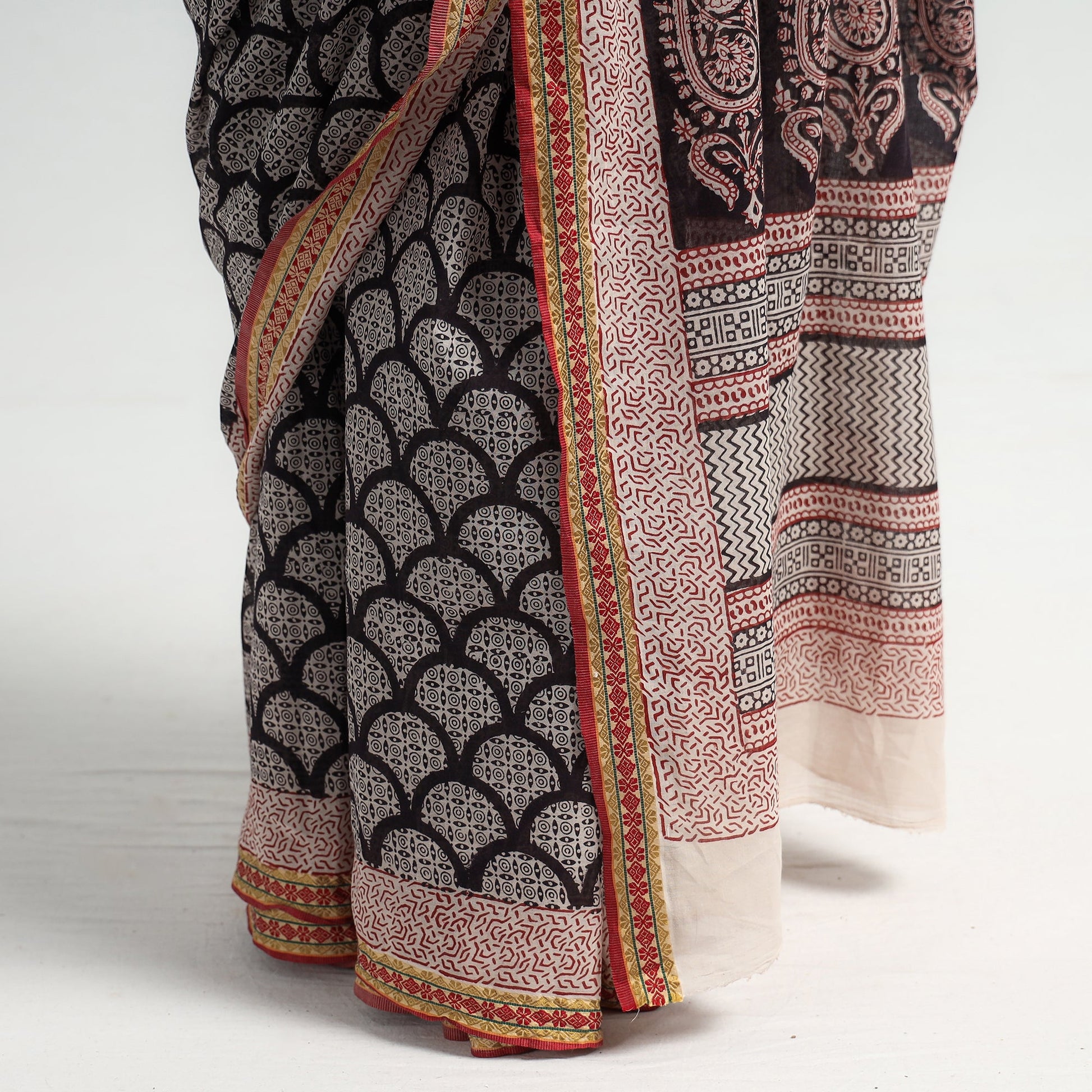 Black - Bagh Hand Block Printed Natural Dyed Cotton Saree with Zari Border