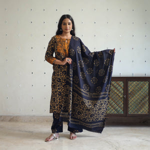 Blue - Batik Print Cotton Kurta with Palazzo & Dupatta Suit Set 07