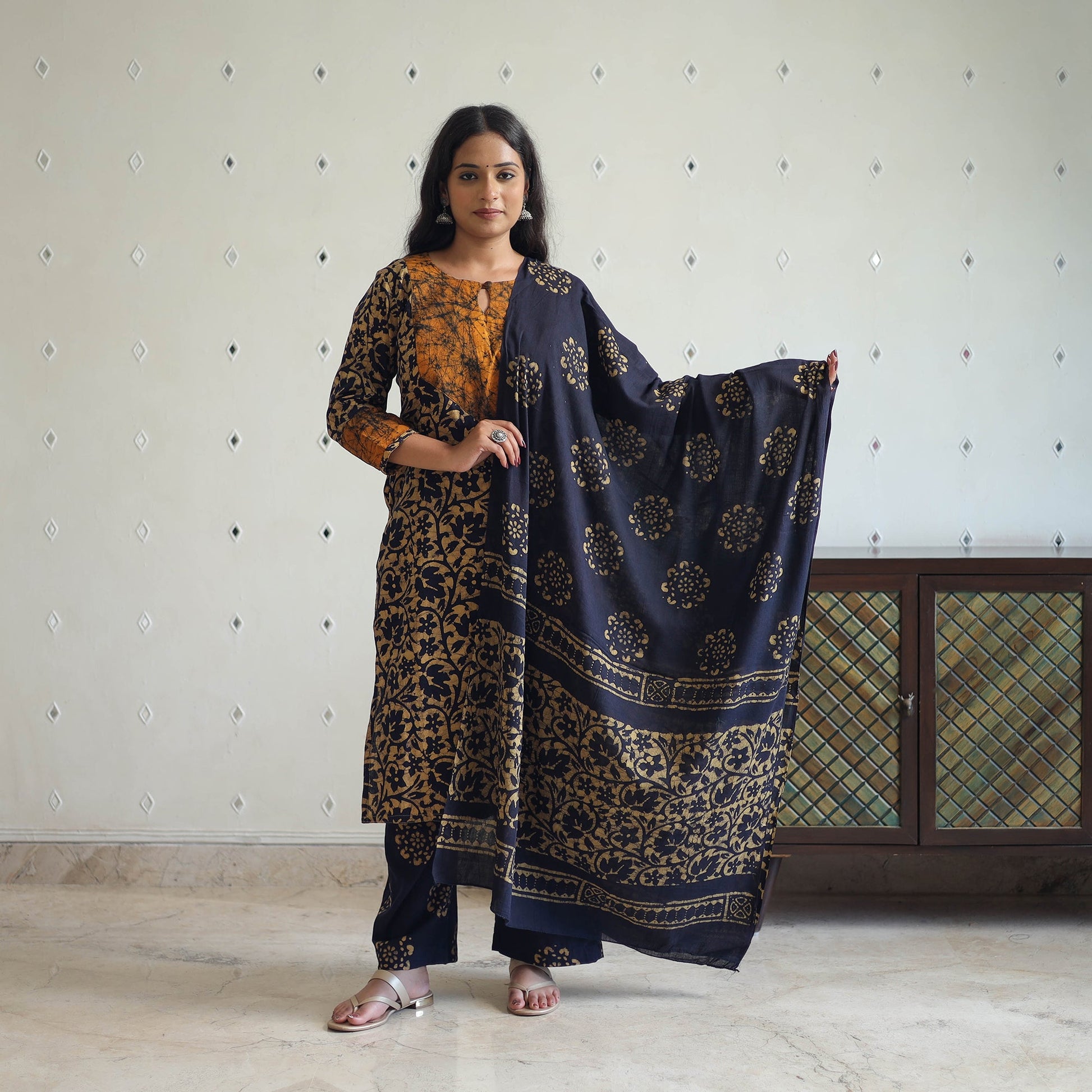 Blue - Batik Print Cotton Kurta with Palazzo & Dupatta Suit Set 07