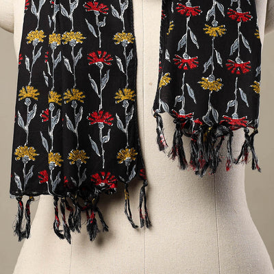 Black - Block Print Cotton Sanganeri Stole with Tassels 195