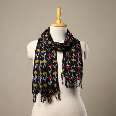 Black - Block Print Cotton Sanganeri Stole with Tassels 195