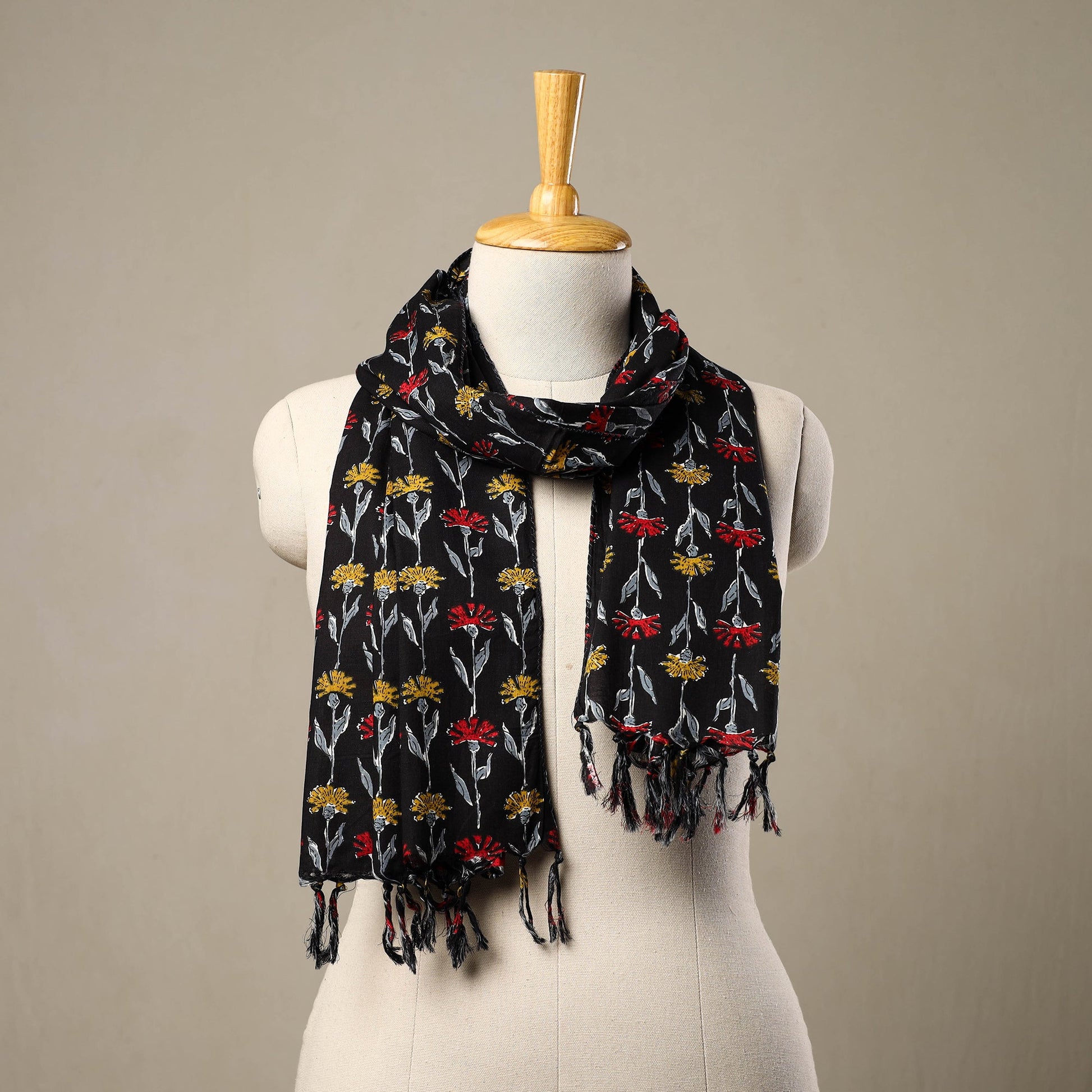 Black - Block Print Cotton Sanganeri Stole with Tassels 195