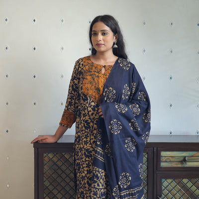 Blue - Batik Print Cotton Kurta with Palazzo & Dupatta Suit Set 07
