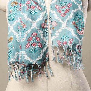 Blue - Block Print Cotton Sanganeri Stole with Tassels 196
