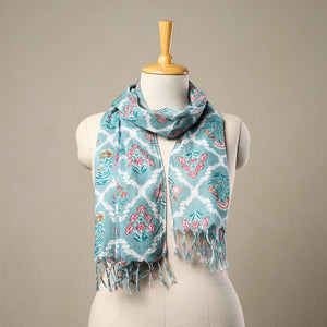 Blue - Block Print Cotton Sanganeri Stole with Tassels 196